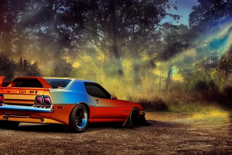 Image similar to pontiac firebird with grafitti tag on side, sunrise, dramatic, cinematic, forest, sunbeams, volumetric lighting, wide shot, low angle, realistic pokemon creatures looking at car, pokemon