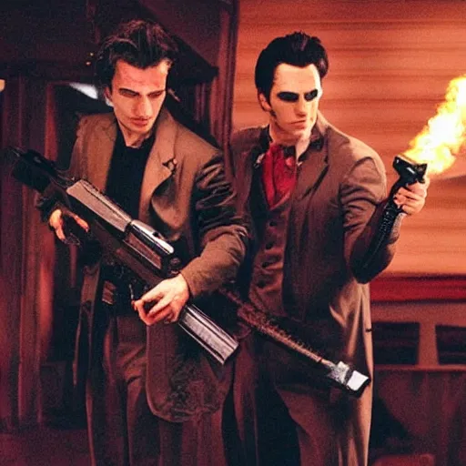 Image similar to <movie still quality=high lighting=awesome>Vampires Holding Guns</movie>