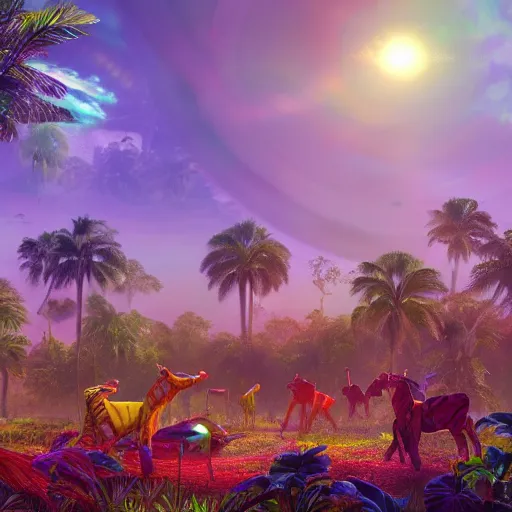 Prompt: a herd of multi-coloured animal-robot hybrids walking in lush and rainbow coloured extra terrestrial jungle with strange plants under a bright multi sun sky, hyper detailed, digital art, trending in artstation, cinematic lighting, studio quality, smooth render, unreal engine, masterpiece, 8k