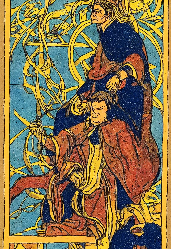 Image similar to Yann LeCun sitting on the throne on a tarot card, illustrated on the Rider–Waite tarot, highly detailed