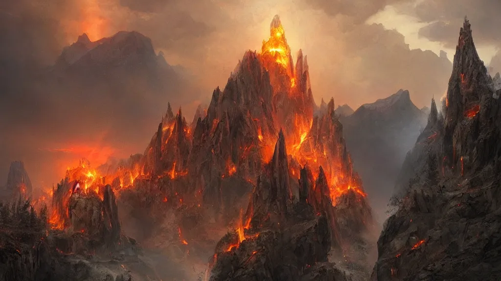 Image similar to evil wizard temple sitting on a cliff near snowy mountains with fire and smoke burining in the background, lightning strikes, volumetric lightning by eugene von guerard, ivan shishkin, dramatic lighting, concept art, trending on artstation, 8 k