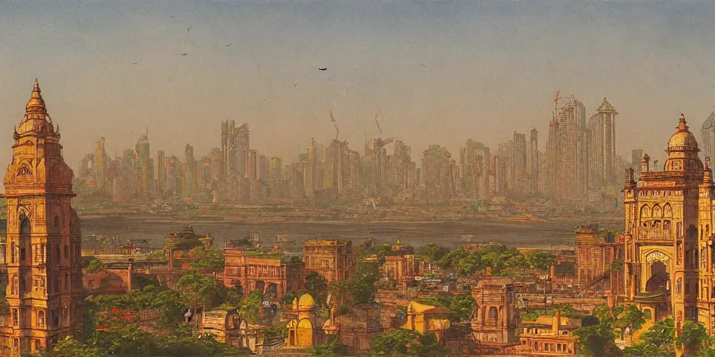 Prompt: mumbai skyline in the style of raja ravi varma with victoria terminus in the background, high detail, realism