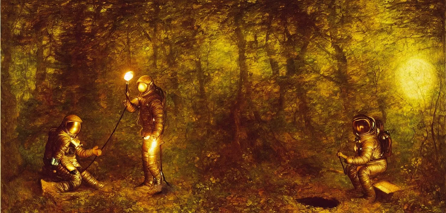 Image similar to an astronaut is in the woods, holding a torch ， by george frederick watts 1 8 8 6