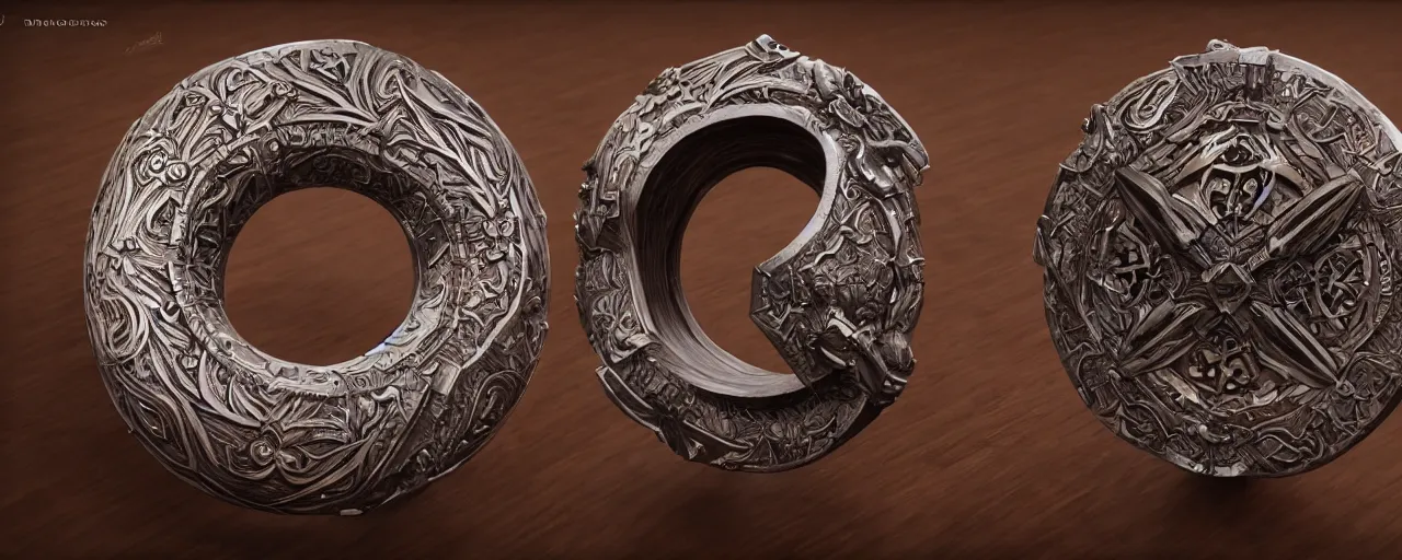 Image similar to wooden ring with a shield ornament, ring, wood, steel, shield, detail, smooth shank, engravings, product design, jewelry, art by gerald brom, greg rutkowski and artgerm and james jean and zdzisław beksinski, 8 k, unreal engine, c 4 d