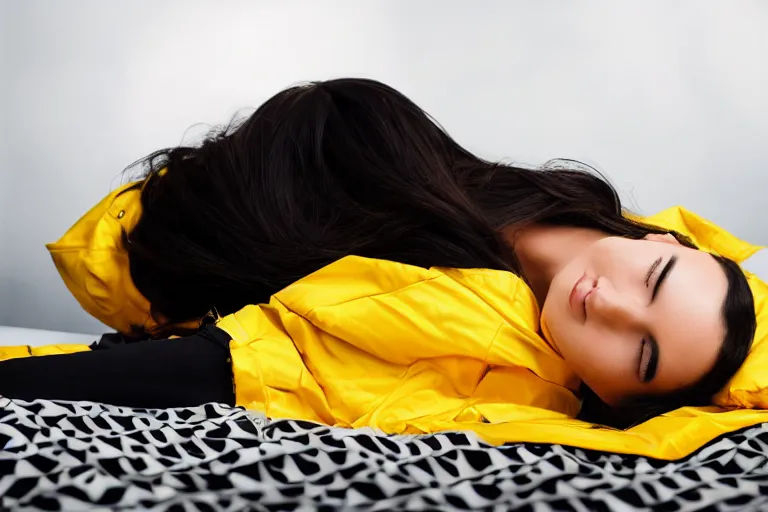 Image similar to wide portrait of a dark-haired woman wearing a yellow raincoat in front of a bed covered with white line, black puzzle pieces are hovering in the air, atmospheric, cinematic, ultra detailed, volumetric lighting, photography, by Weta Digital