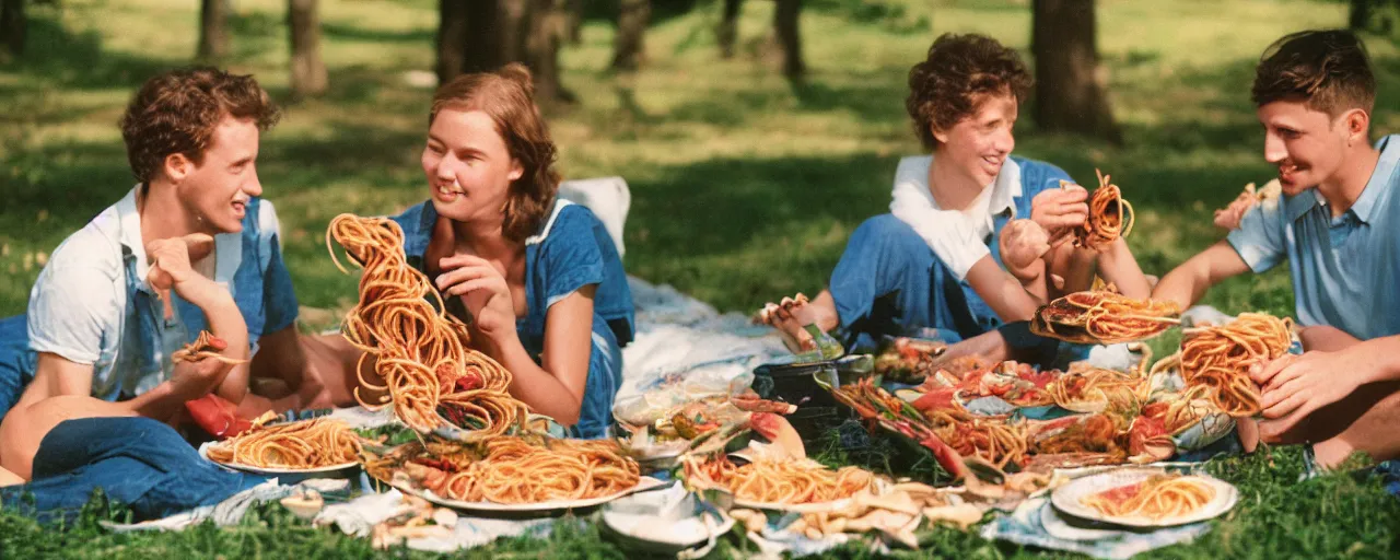 Image similar to young couple enjoying a spaghetti picnic in the park, high detail, perfect face, canon 5 0 mm, cinematic lighting, photography, retro, film, kodachrome