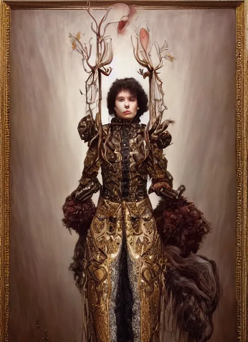 Prompt: highly detailed oil painting | very intricate | cinematic lighting | award - winning | ceremonial blazer armor fashion by alexander mcqueen | by roberto ferri, by tom bagshaw, by j. c. leyendecker and klimt, american romanticism, by austin osman spare, artstation, cgsociety, official art, octane