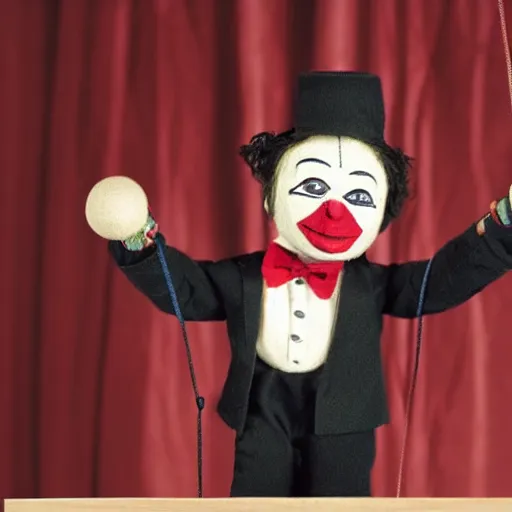 Image similar to puppet show of a string marionette of a president with clown makeup in a podium