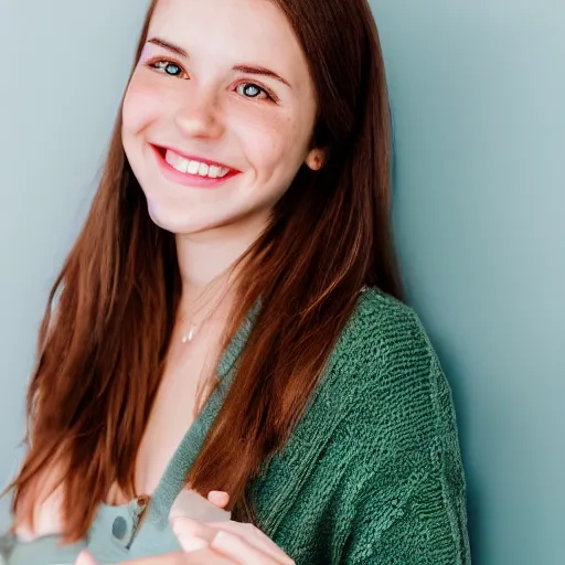 Image similar to Photo of a cute young woman smiling, long shiny bronze brown hair, full round face, emerald green eyes, medium skin tone, light cute freckles, smiling softly, wearing casual clothing, relaxing on a modern couch, interior lighting, cozy living room background, medium shot, mid-shot, soft focus, professional photography, Portra 400