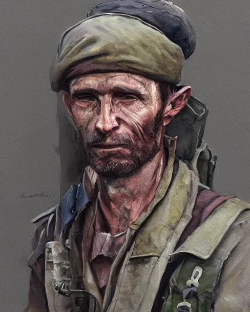 Prompt: a oil / watercolor painting full body character portrait of a homeless soldier past his prime in the style of moebius in the style of leonard boyarsky trending on artstation deviantart pinterest detailed photorealistic highlights and shadow hd 8 k post - processing high resolution