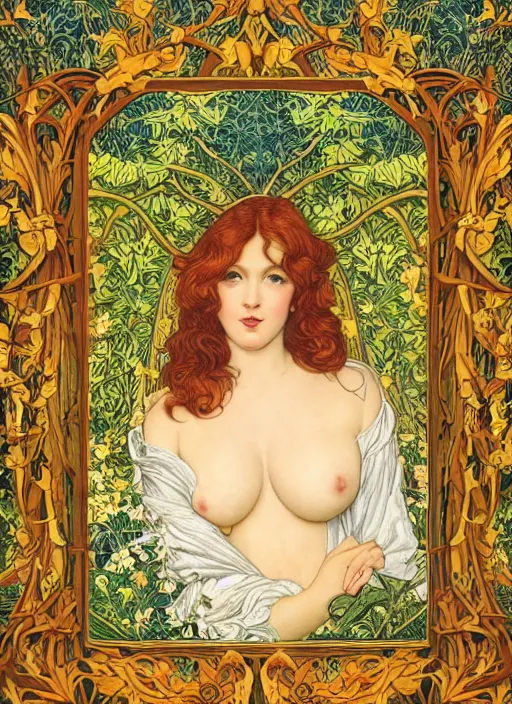 Prompt: masterpiece beautiful seductive flowing curves pinup pose preraphaelite face portrait photography, extreme close up shot, straight bangs, thick set features, yellow ochre ornate medieval dress, amongst inside foliage mushroom forest circle arch, william morris and kilian eng and mucha, framed, 4 k