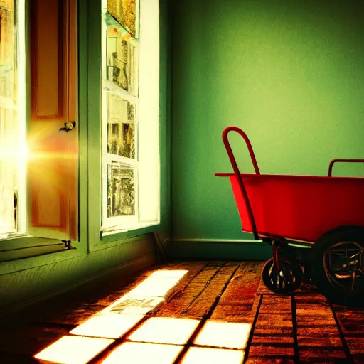 Prompt: A darkened kitsch-filled dusty parlor brightened by the morning sun, a (child\'s red wagon filled with books) is in the corner of the room, cinematic, vignette, ultrarealistic, photograph, 55mm