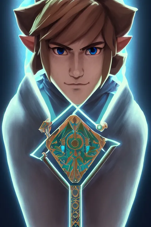 Image similar to symmetry!! portrait of link from ocarina of time in the style of breath of the wild, ancient machine parts embedded into arm, intricate, elegant, highly detailed, digital painting, artstation, concept art, smooth, sharp focus, illustration, art by artgerm and greg rutkowski and alphonse mucha, 8 k