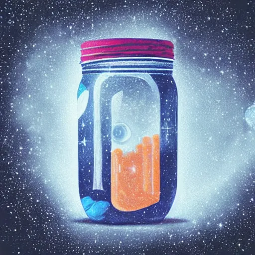 Prompt: the observable universe within a mason jar hyper realism