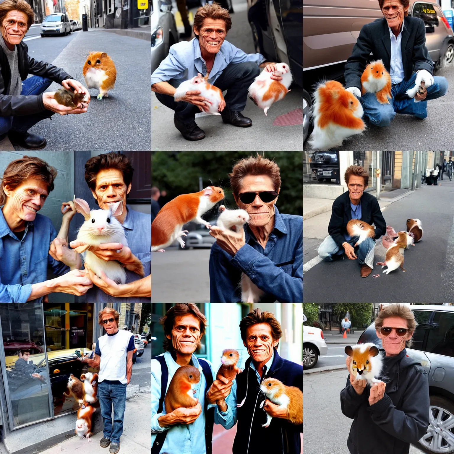 Prompt: Willem Dafoe holding two hamsters on the street next to a van