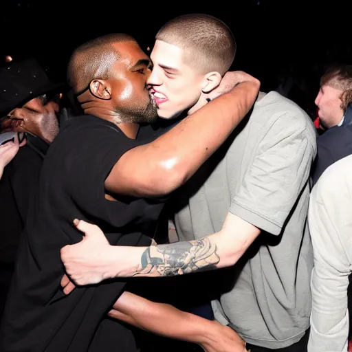 Image similar to kanye west hugging pete davidson, making up, friendly vibes