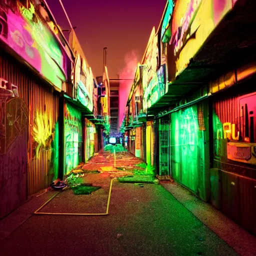 Prompt: overgrown cyberpunk city street, neon light, dark