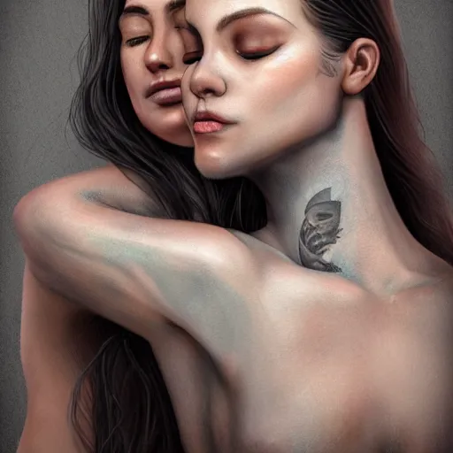 Prompt: Hot young woman, grey skin, void eyeballs, tattoos, wearing a leather jacket, hugging a shrouded man as they cry on her chest, comforting, touching, wholesome, digital art, concept art, trending on artstation, watercolour, big sister, little brother, realistic, 4k, 8k