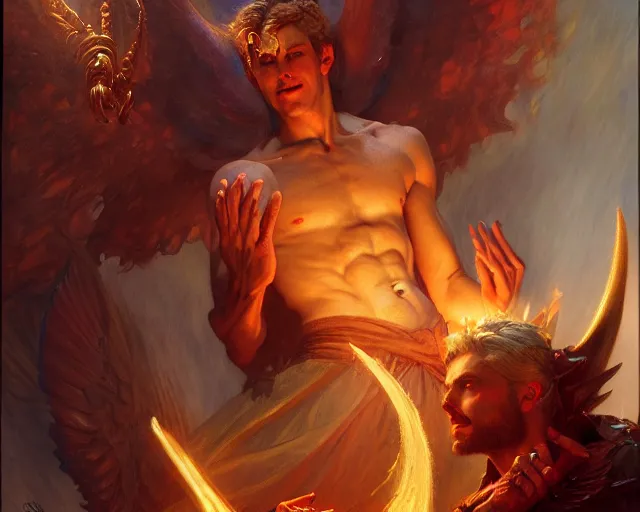 Image similar to attractive male deity, casting demonic magic, summoning handsome lucifer morning star. highly detailed painting by gaston bussiere, craig mullins, j. c. leyendecker 8 k