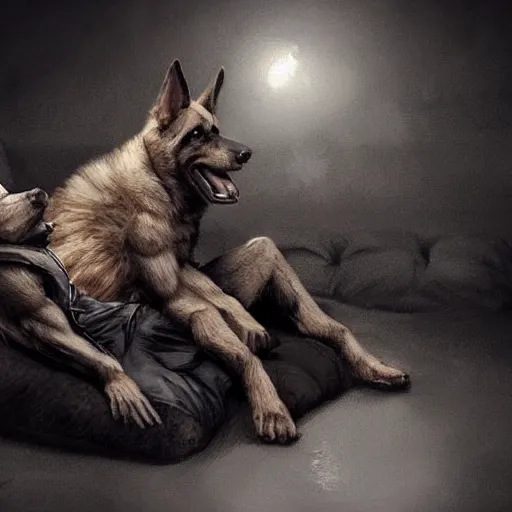 Image similar to two humanoid german shepherds beast - men, sitting on a couch and hugging together, artstation, concept art, smooth, sharp foccus ilustration, artstation