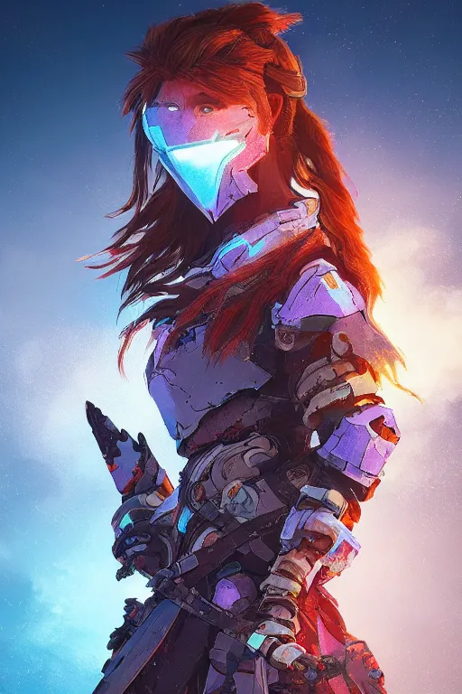 Image similar to combination suit armor aloy horizon forbidden west horizon zero dawn radiating a glowing aura global illumination ray tracing hdr fanart arstation by ian pesty and alena aenami artworks in 4 k tribal robot ninja mask helmet backpack