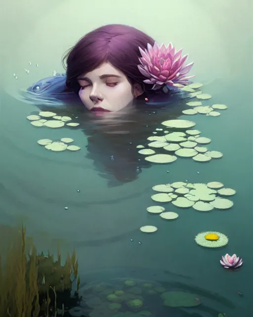 Image similar to hyper - realistic portrait of a ophelia underwater, water lilies, by atey ghailan, by greg rutkowski, by greg tocchini, by james gilleard, by joe fenton, by kaethe butcher, dynamic lighting, gradient light purple, brown, blonde cream and white color scheme, grunge aesthetic