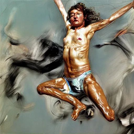 Image similar to high quality high detail painting by lucian freud and jenny saville, hd, jumping, turquoise