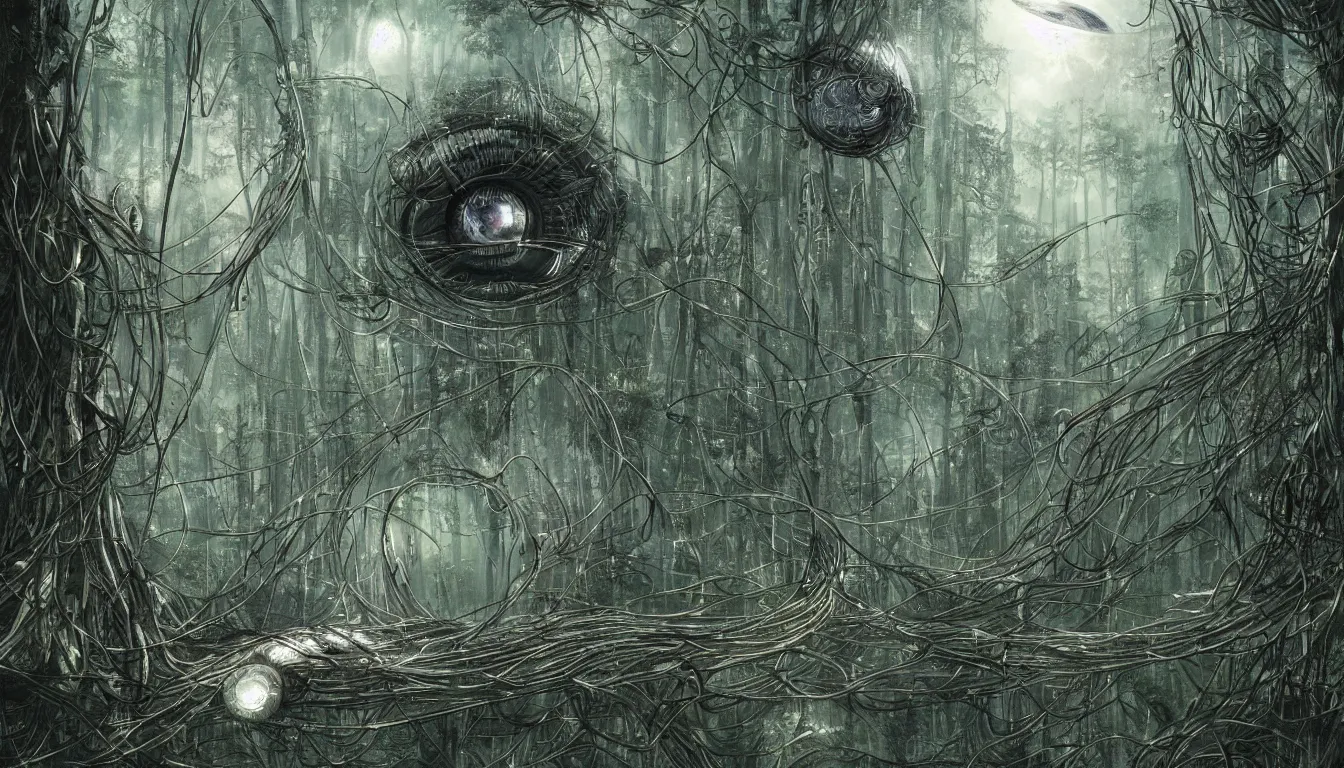 Image similar to a big eye wrapped in wires floats above the ground in a dense forest, illustration by john taylor dismukes, by dave lafleur, luis royo artwork, smooth shading, ultra detailed, high resolution, cinematic, chrome art, rich deep colors, unreal 6