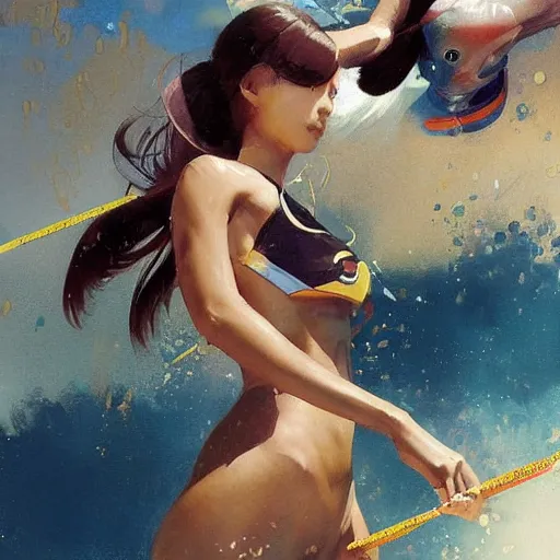 Prompt: a painting of a Japanese woman wearing racing competitive swimsuit, worksafe, by Greg Rutkowski, Peter Mohrbacher, Craig Mullins, Karol Bak, Michael Garmash.