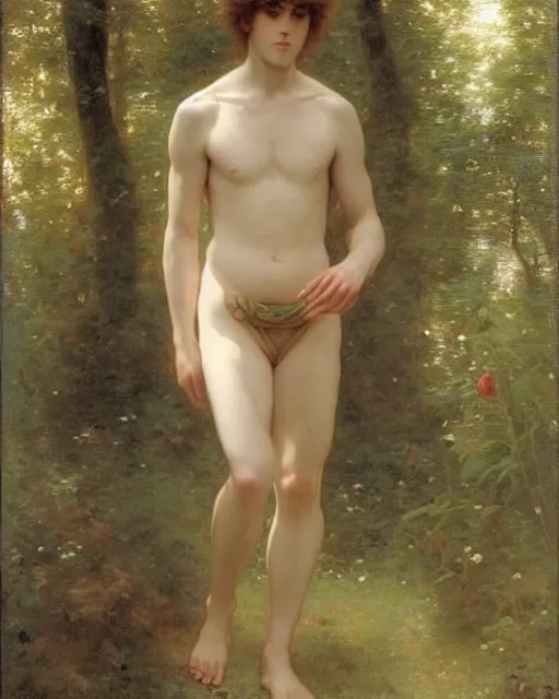 Image similar to a handsome anime man, he is walking in the forest, by Edgar Maxence and William-Adolphe Bouguereau