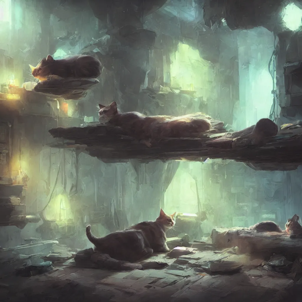 Image similar to cat laying on bed in under ground base, concept art, by greg rutkowski, volumetric lighting, complementing colors