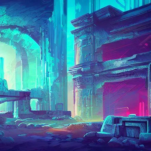 Image similar to neon ancient ruins,digital art,retrowave art,trending on art station