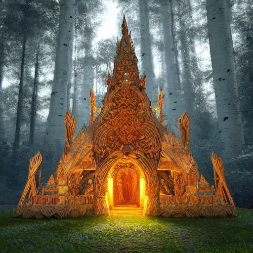 Image similar to Photorealistic magic elven temple made of intricately woven birch woodwork. Hyperdetailed photorealism, 108 megapixels, amazing depth, glowing rich colors, powerful imagery, psychedelic Overtones, 3D finalrender, 3d shading, cinematic lighting, artstation concept art