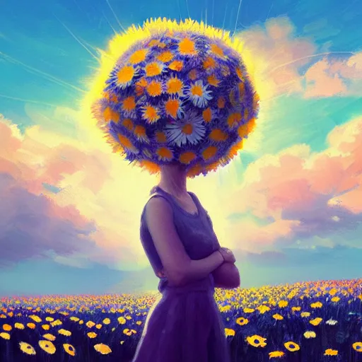 Image similar to girl with a giant daisies head, surreal photography, flower field, sunset dramatic light, impressionist painting, colorful clouds, blue sky, digital painting, artstation, simon stalenhag