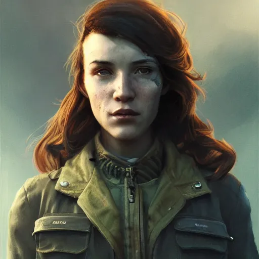 Image similar to fallout 5, charismatic brunette female protagonist, portrait, atmospheric lighting, painted, intricate, volumetric lighting, beautiful, daytime, sunny weather, slight overcast, sharp focus, deep colours, ultra detailed, by leesha hannigan, ross tran, thierry doizon, kai carpenter, ignacio fernandez rios