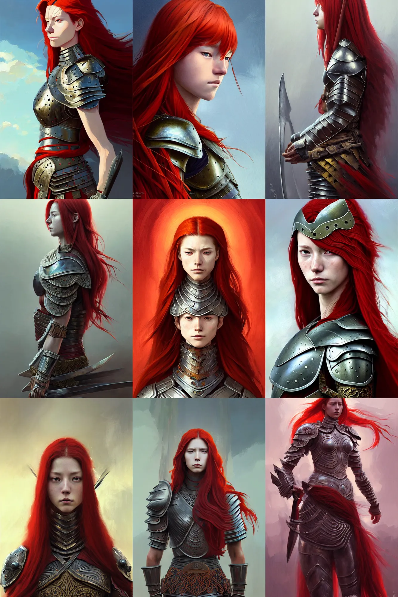 Prompt: female warrior, red long hair, lovely delicate face, sophisticated armor, oil painting, passion, bravery, intricate armour costumes, light and shadow effects, intricate, digital painting, art station, very high detailed, concept art, cold tones, sharp focus, morandi color scheme, sharply shaped, illustration, art by makoto shinkai and lois van baarle