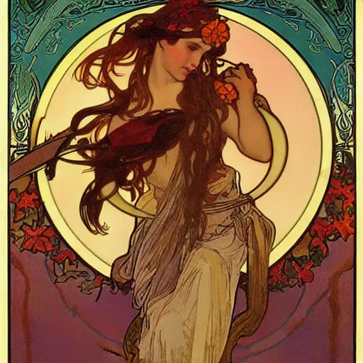 Image similar to persephone in hell, painted by alphonse mucha