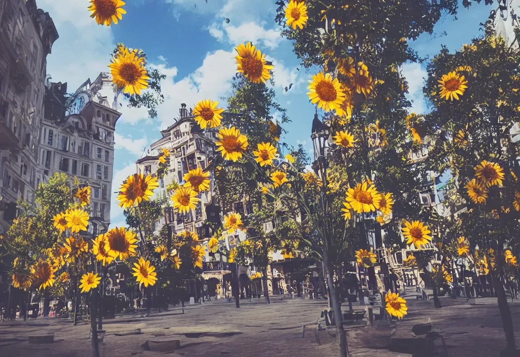 Prompt: 3 d 🌻 popping out of curved screen, town square, volumetric lighting, bokeh, shot on 7 0 mm, instax