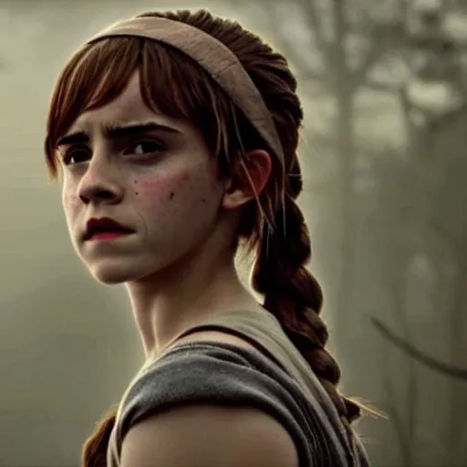 Image similar to emma watson as live action princess mononoke, still frame, sharp focus, cinematic, filmic