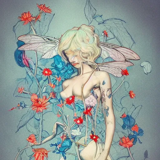 Image similar to : james jean style art dragonflys and flowers