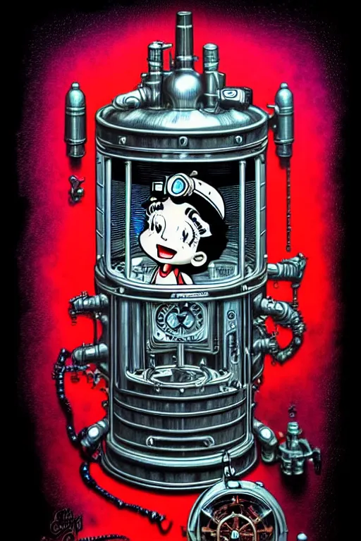 Image similar to steampunk cryo chamber containing betty boop, high details, intricately detailed, by vincent di fate, inking, 3 color screen print, masterpiece, trending on artstation,, sharp, details, hyper - detailed, hd, 4 k, 8 k