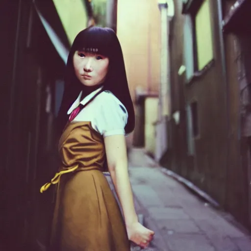 Image similar to 1970s perfect 8K HD professional photo of close-up japanese schoolgirl posing in sci-fi dystopian alleyway, at instagram, Behance, Adobe Lightroom, with instagram filters, depth of field, taken with polaroid kodak portra