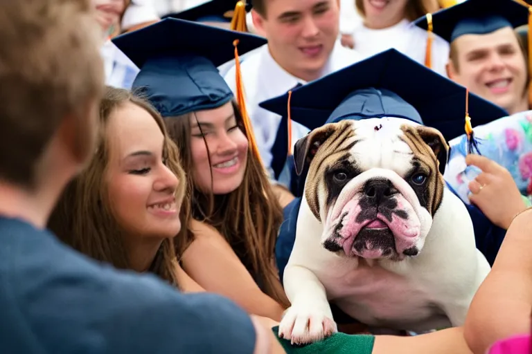 Image similar to a crowd of high school graduates petting an english bulldog wearing a crown, english bulldog wearing a plastic crown