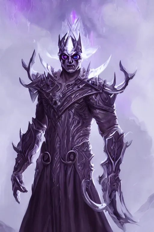 Prompt: man male demon, full body white purple cloak, warlock, character concept art, costume design, illustration, black eyes, white horns, trending on artstation, Artgerm , WLOP, unreal engine