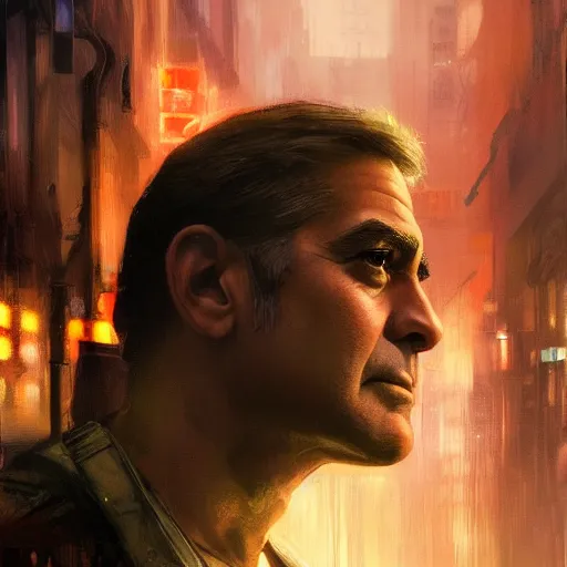 Image similar to george clooney, hyperrealistic portrait, bladerunner street, art of elysium by jeremy mann and alphonse mucha, fantasy art, photo realistic, dynamic lighting, artstation, poster, volumetric lighting, very detailed face, 4 k, award winning