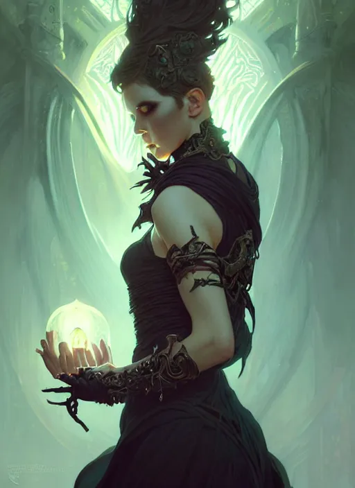 Image similar to Necromancer Sorceress, fantasy magic, undercut hairstyle, dark light night, intricate, elegant, sharp focus, illustration, highly detailed, digital painting, concept art, matte, art by WLOP and Artgerm and Greg Rutkowski and Alphonse Mucha, masterpiece