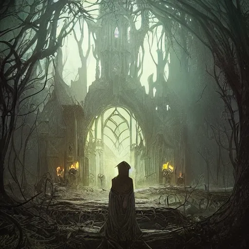 Prompt: “a magic school built inside of a haunted swamp, creepy fantasy ambience, D&D, fantasy, intricate, cinematic lighting, highly detailed, digital painting, artstation, concept art, smooth, sharp focus, illustration, art by Artgerm and Greg Rutkowski and Alphonse Mucha”