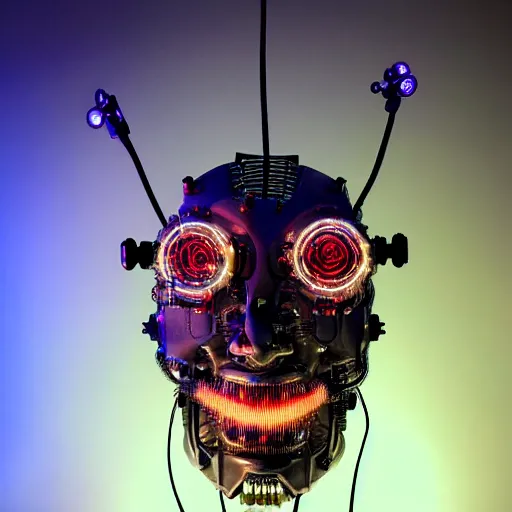 Image similar to Technological Mechanical Monstrosity Monster Cyborg head with circuits and wires and Fiber Optic Lights Scary Horror Sci-fi HDR