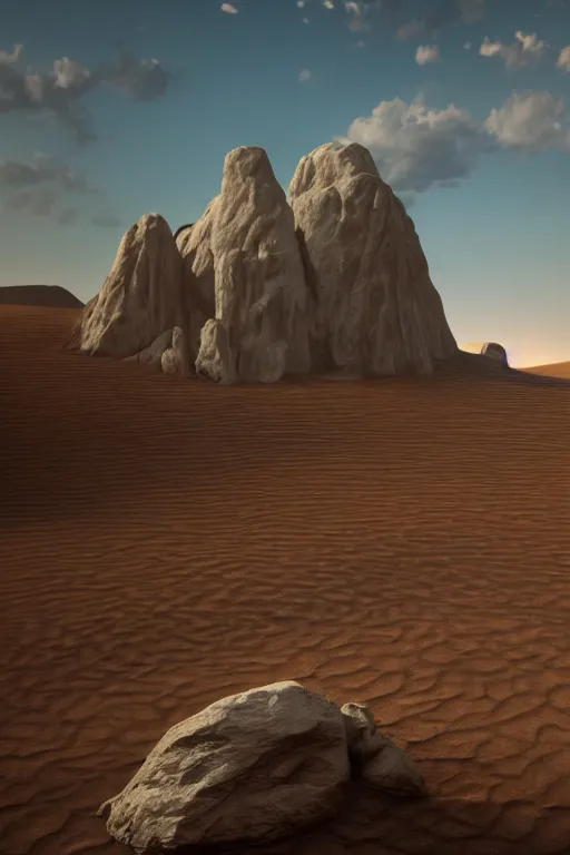 Image similar to an endless desert landscape in the style of thomas cole with a soviet marble statue in the foreground, raytracing, 8 k, octane render, volumetric, vivid, beautiful, hyperrealism