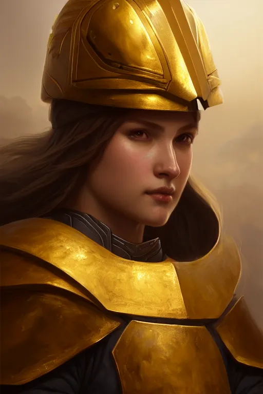 Prompt: a portrait of a warrior with golden armor, illustration, soft lighting, soft details, painting oil on canvas by Edmund Blair Leighton and Charlie Bowater octane render trending on artstation d&d characters, 4k, 8k, HD